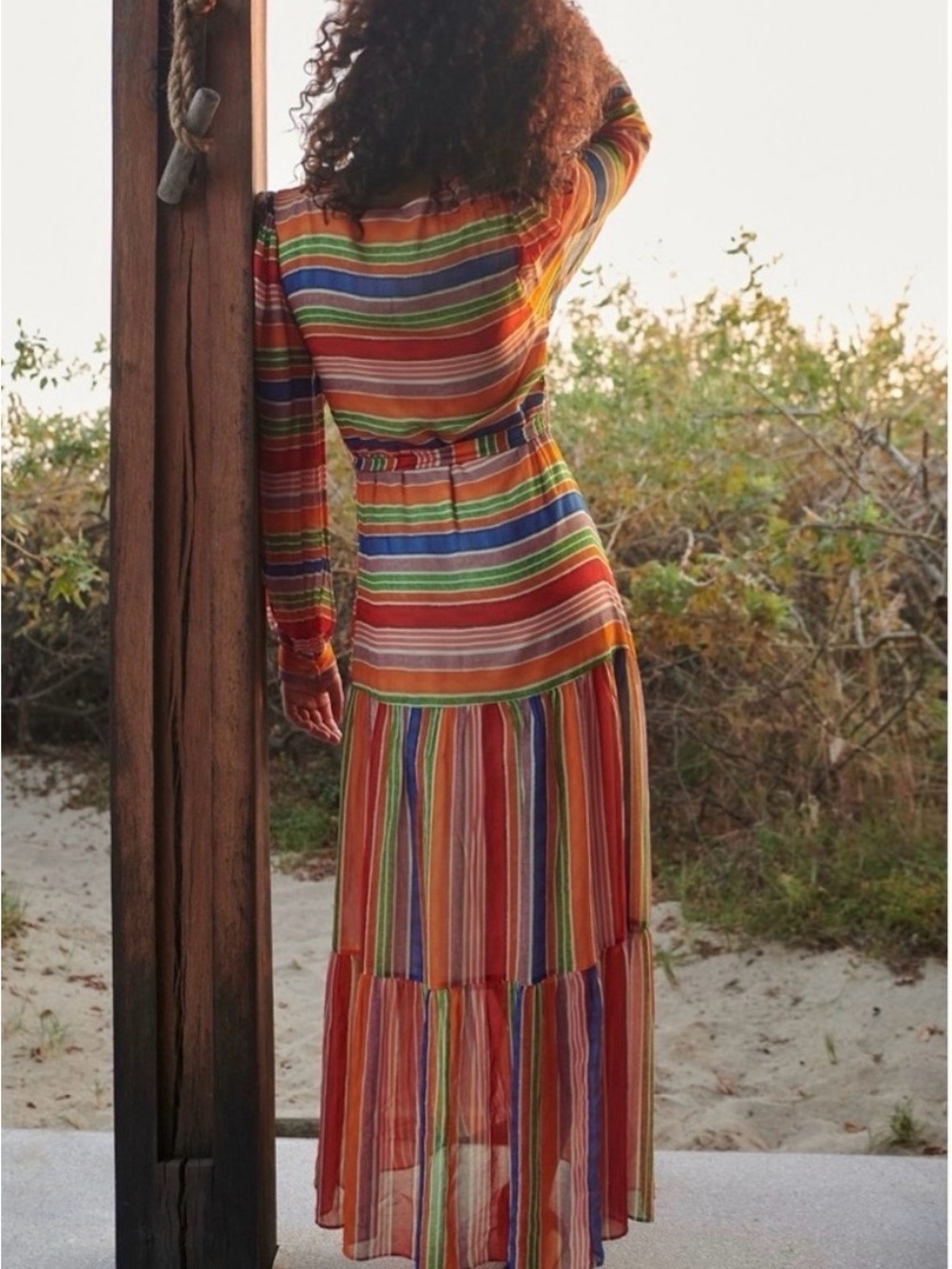 FARM Rio Luana Rainbow Multicolor Striped V-Neck Midi Dress - Red, Green, Blue - Picture 2 of 9